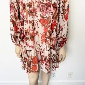 [H&M] Pink Floral Print V-Neck Tiered Chiffon Balloon Sleeve Mini Dress Size 6 thumbnail 5