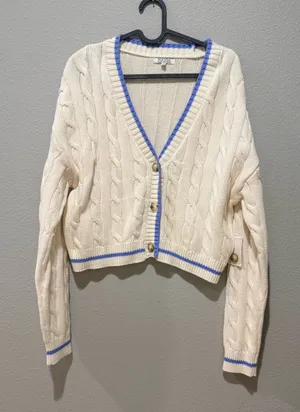 Major Cream Cable Knit Blue Trim Crop Button Down Cardigan Size M thumbnail 1