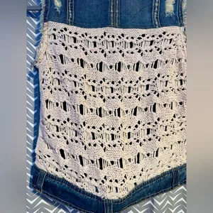 Free People | "Moody Macrame" distressed denim vest with a crochet back, size XS thumbnail 7