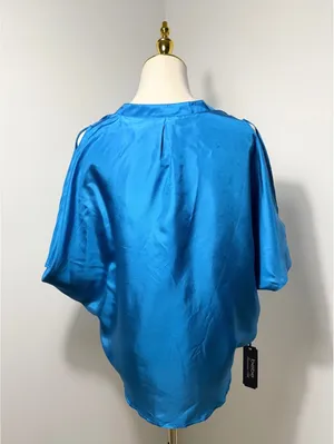 Bebe Women's Turkish Tile Blue Silk V-Neck Blouse with Button Detail, Size M thumbnail 2