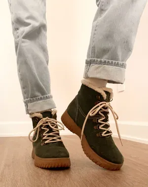 White Mountain Dark Green Leather Faux Fur Lace-Up Boots with Tan Sole thumbnail 1