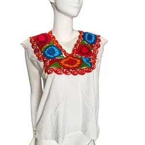 Vintage Mexican Embroidered Floral Huipil Blouse White V-Neck Cap Sleeve Top M thumbnail 6