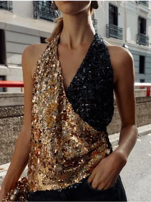 ZARA Gold and Black Sequin Halter Top Size Small Glam Festival Metallic thumbnail 1