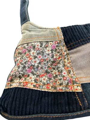 Denim Blues Boho Denim Patchwork Purse/Bag/Corduroy Floral Zip Top 12X7 Hobo thumbnail 2