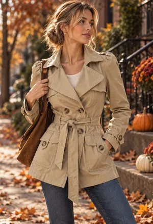 Zara TRF Autumn Trench Coat S Tan Belted Puff Sleeve Y2K Parisian Utility thumbnail 1