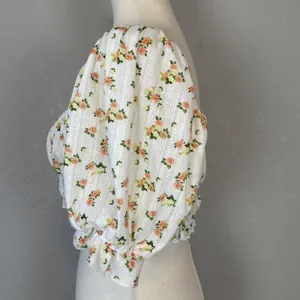 For Love & Lemons Lola Pointelle‎ Crop Top Size L White Floral Short Puff Sleeve thumbnail 5