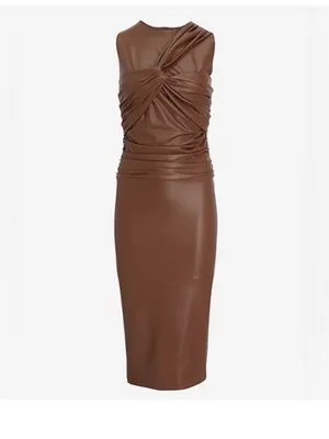 $228 Nwot Express Mocha Body Contour Twist Front Faux Leather Midi Dress Xs thumbnail 2