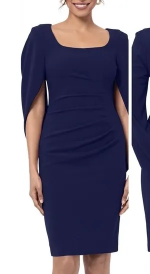 AQUA Formal Navy Blue Cape Sleeve Ruched Sheath Dress Size 0‎ NEW thumbnail 1