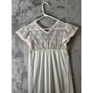 Vintage Lace Nightgown Dainty Ivory Pink‎ Sheer Cottagecore Romantic Milkmaid SM thumbnail 4