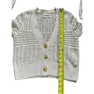 Anthropologie Pointelle Knit Cardigan Sweater Cream Cotton Open Knit Womens XS thumbnail 8