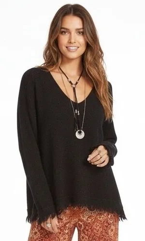 Free People Fringed V-Neck Solid Knit Sweater Black Boho Raw Edge Size S thumbnail 1