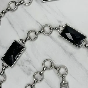 Womens Black Faceted Rhinestone Silver Tone Chain Belt Large (L/XL) ✨ thumbnail 8