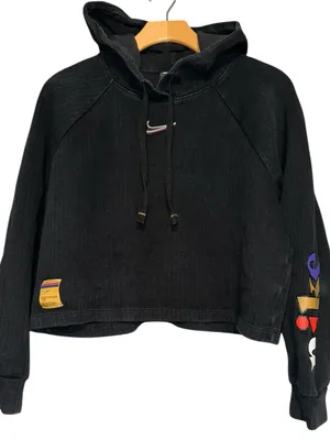 Nike Women’s Size M Black Multicolor Sleeve Graphics Cropped Hoodie Sweatshirts thumbnail 1