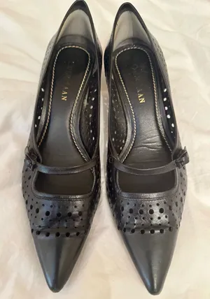 Cole Haan black leather perforated kitten heels with strap. Pointed toe. Size 8. thumbnail 1