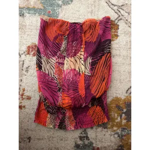Silk Strapless Tube Top Pink Orange Abstract Print Smocked Hem Medium CMF10901 thumbnail 2