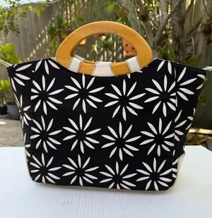 Kate Spade New York Floral Canvas Wood Handle Satchel Tote Bag Black White thumbnail 1