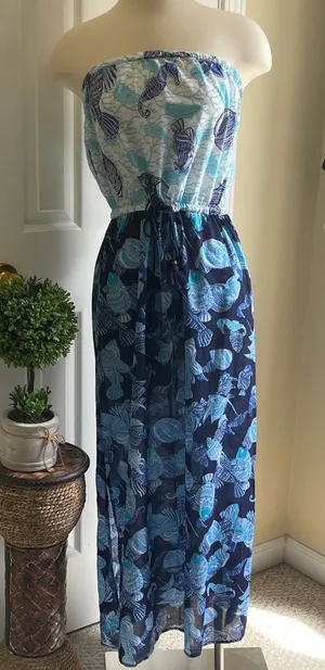 Talbots Strapless Blue Preppy Boho Tropical Maxi Dress or Beach Cover thumbnail 1