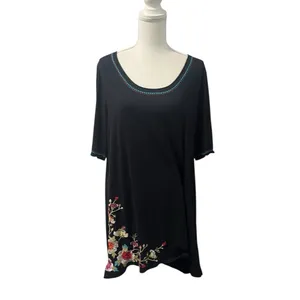 Johnny Was Embroidered Floral Black 100% Cotton Tunic Dress Scoop Neck Large thumbnail 2