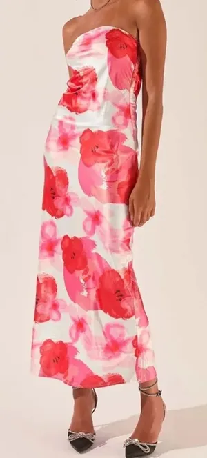 Peppermayo Strapless Pink & Red Floral Midi Dress thumbnail 1