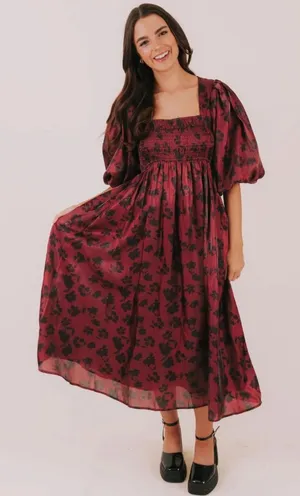 Heart of Mine Burgundy Floral Midi Dress with Puff Sleeves thumbnail 1