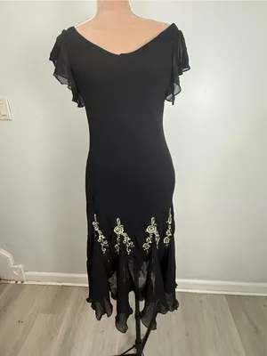S.L. Fashions Black Midi Dress with Gold Floral Embroidery thumbnail 2