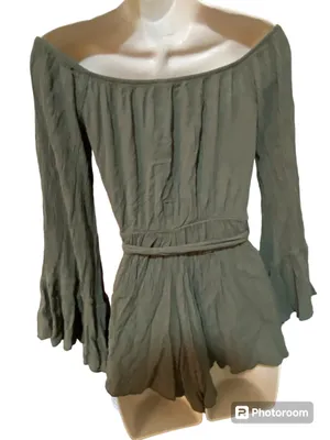 WINSOR Boho Romper shorts Bat Wing-Sleeve Military Green color- woman size XS thumbnail 6