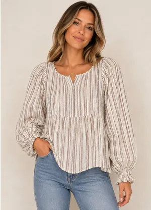 Elizabeth and James Blouse Womens Small‎ Ivory Burgundy Pintuck Peasant Top Boho thumbnail 1
