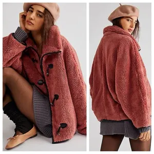 Free People Junie Teddy Jacket contrast faux leather toggle trim Rose Pink L thumbnail 2