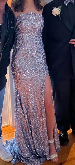 Jovani Chevron Sequin Strapless High Slit Gown thumbnail 7