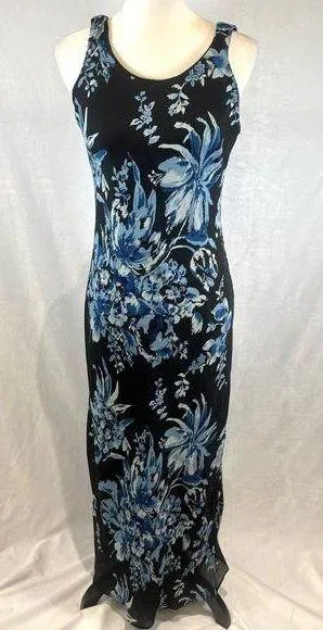 Premier International black and blue floral maxi dress size small thumbnail 1