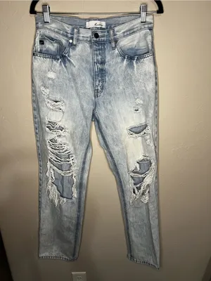 Kancan High Rise Button Fly Distressed Acid Wash Straight Leg Denim Jeans‎ thumbnail 2