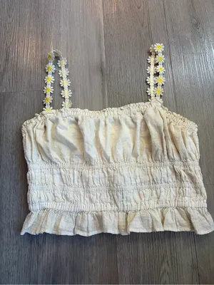 Anthropologie Maeve Strappy Daisy Crop Tank Off White Smocked Cotton Top Size S thumbnail 4