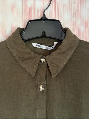 Zara Olive Green Corduroy Long Sleeve Tiered Ruffle Mini Dress Size S thumbnail 4