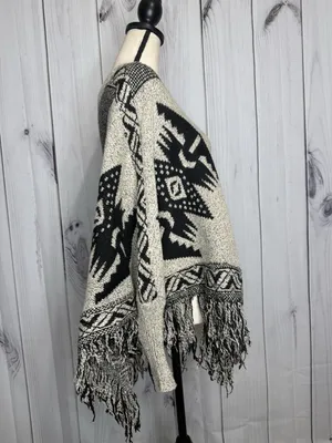 Earthbound Trading Poncho Sweater Fringe Aztec Black Tan Sz XL thumbnail 6