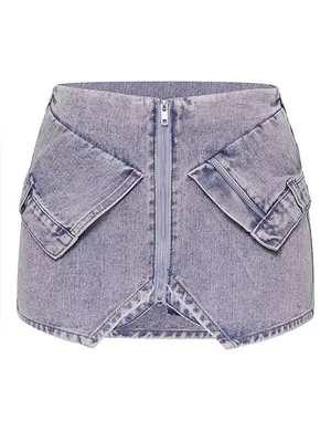 NWT PrettyLittleThing Petite Light Blue Wash Mini Pocket Front Denim Skirt Sz 2P thumbnail 5