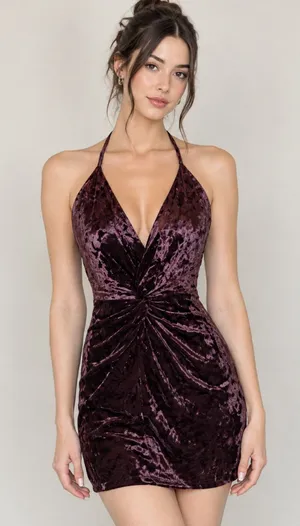 Zara NWT Deep Plum Velvet Halter Mini Dress thumbnail 1