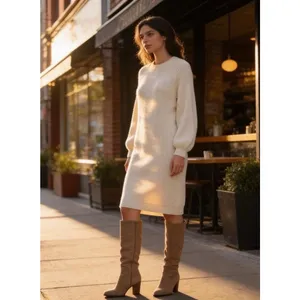 Ann Taylor Cream Ribbed Sweater Dress Raglan Balloon Sleeve Midi Ivory Size M thumbnail 2