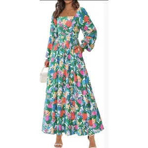 PRETTYGARDEN Green Tropical Floral Maxi Dress Smocked Cuff Square‎ Neck Boho M thumbnail 2