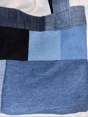 Denim Tote Bag Made Up Of All Different Swatches Of Denim Pocket On The Outside thumbnail 5