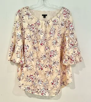 Ann Taylor Ruffle Sleeve Floral Blouse Women's‎ Medium Cream Pink Ladder Lace thumbnail 1