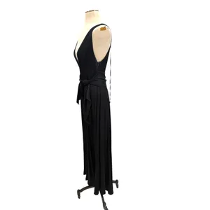 Free People Black Plunge Open Back‎ Maxi Dress Tie Waist High Slit Gown US 2 thumbnail 7