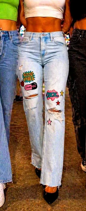 Patched In Pop Art Straight Leg Jeans Light Blue Wash Jr 11 Women’s 12 thumbnail 1