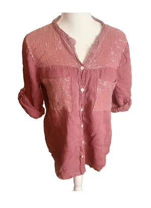 Dusty Rose 100% Linen Top Blouse made in Italy sequins roll tab sleeves camp M thumbnail 1