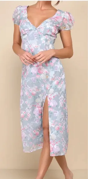 NWOT Lulus Elegant Personality Slate Blue Floral Burnout Midi Dress thumbnail 1
