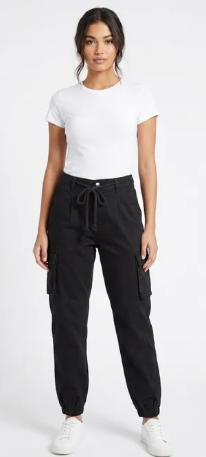 AMERICAN BAZI Black Drawstring High Waist Cargo Jogger Pants Size M thumbnail 1