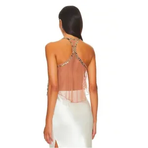 Free People All That Glitters Tank Women M Gold Sequin Mesh Racerback OB1760325 thumbnail 4