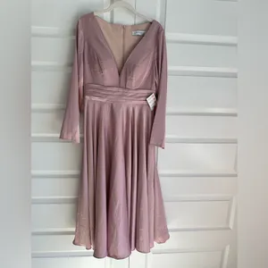 Mac Duggal Pink Satin Velvet Long Sleeve V-Neck‎ Midi Cocktail Formal Dress- NWT thumbnail 6