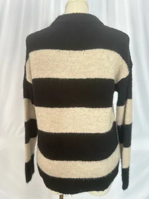 Magaschoni Striped Sweater Black Beige Alpaca Blend Cozy Soft Size M (1271) thumbnail 3