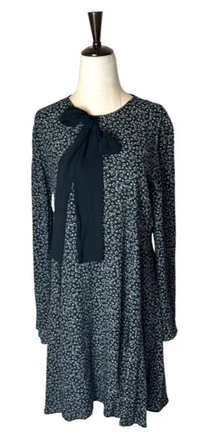 Zara‎ Dress Women Medium Black Ivory Star Print Bow Neckline Long Sleeve Mini thumbnail 1