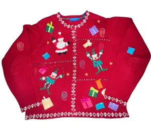 Vtg Karen Scott‎ Ugly Christmas Sweater Women Large Red Cardigan Elf Santa Ramie thumbnail 1